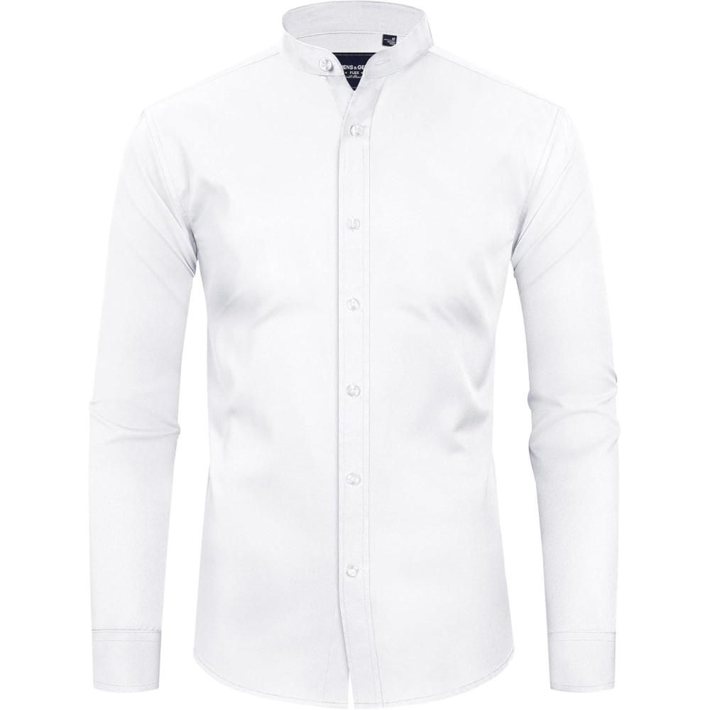 imageAlimens amp Gentle Mens Banded Collar Dress Shirts Wrinkle Free Long Sleeve Mandarin Collar Button Down ShirtWhite