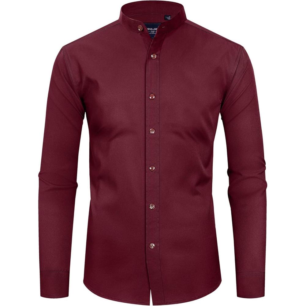 imageAlimens amp Gentle Mens Banded Collar Dress Shirts Wrinkle Free Long Sleeve Mandarin Collar Button Down ShirtWine Red