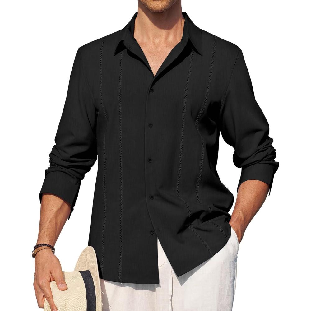 imageAlimens amp Gentle Mens Cuban Guayabera Shirt Button Down Long Sleeve Summer Beach02black