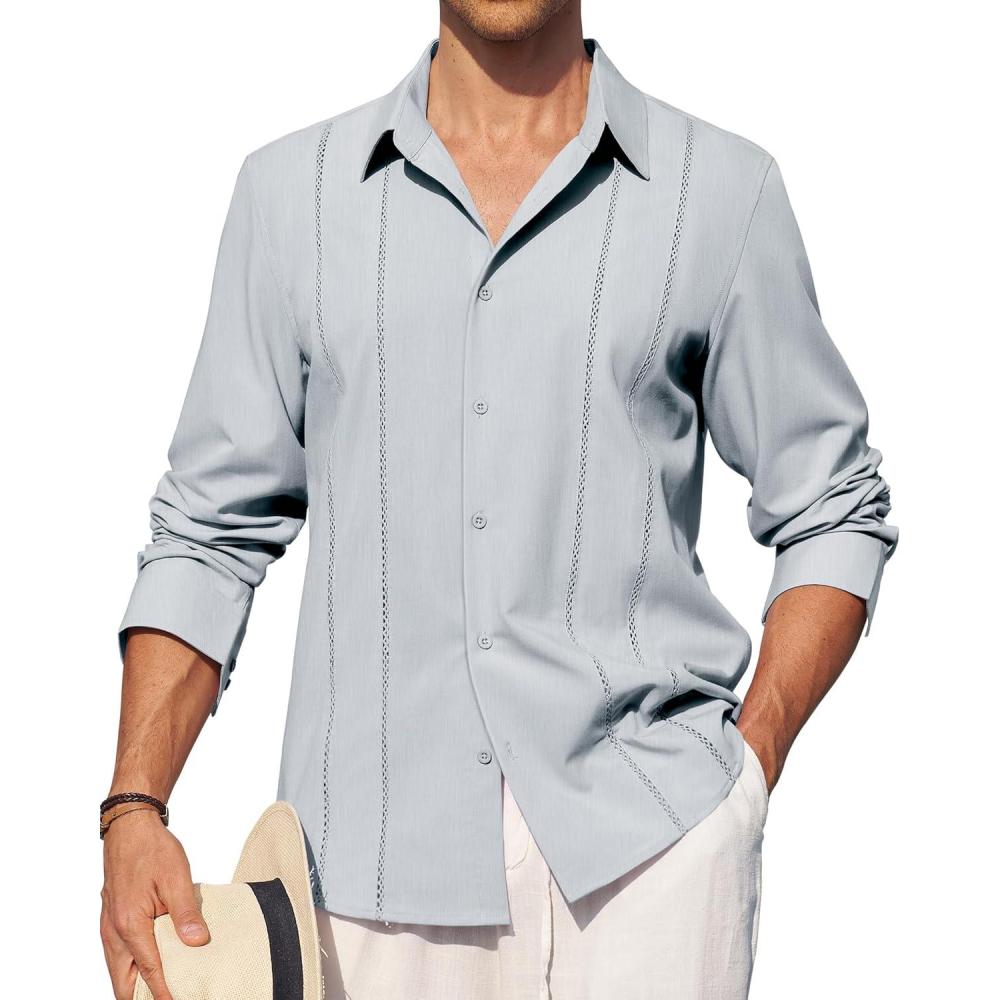 imageAlimens amp Gentle Mens Cuban Guayabera Shirt Button Down Long Sleeve Summer Beach04light Grey