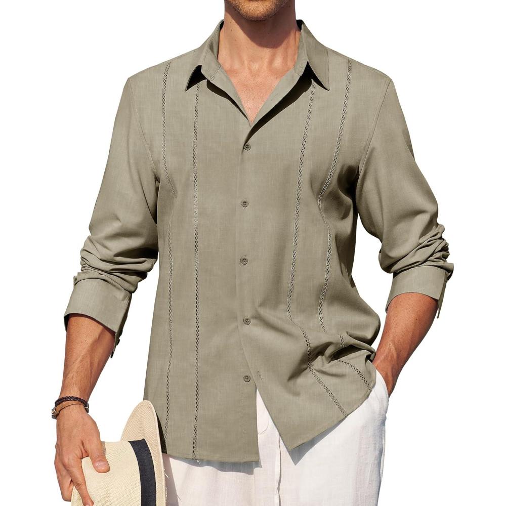 imageAlimens amp Gentle Mens Cuban Guayabera Shirt Button Down Long Sleeve Summer Beach05army Green