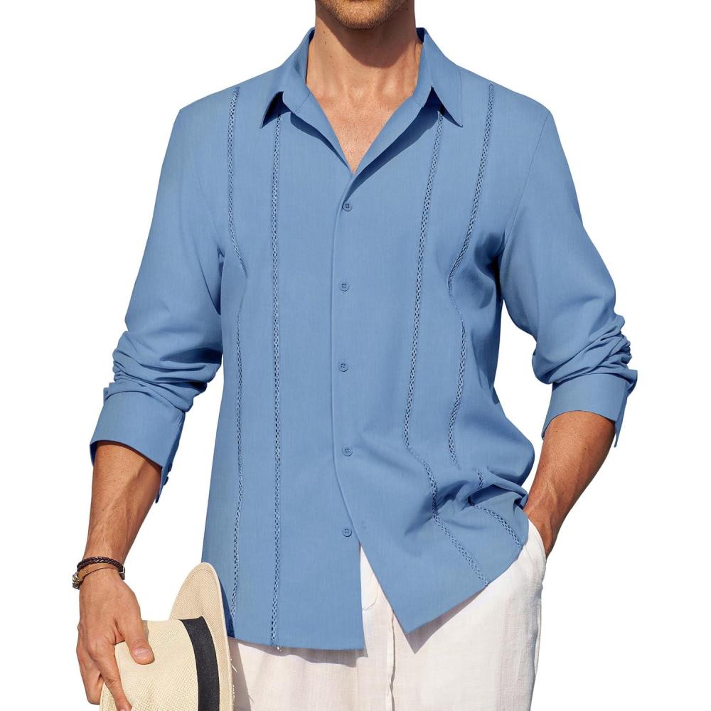imageAlimens amp Gentle Mens Cuban Guayabera Shirt Button Down Long Sleeve Summer Beach09denim Blue