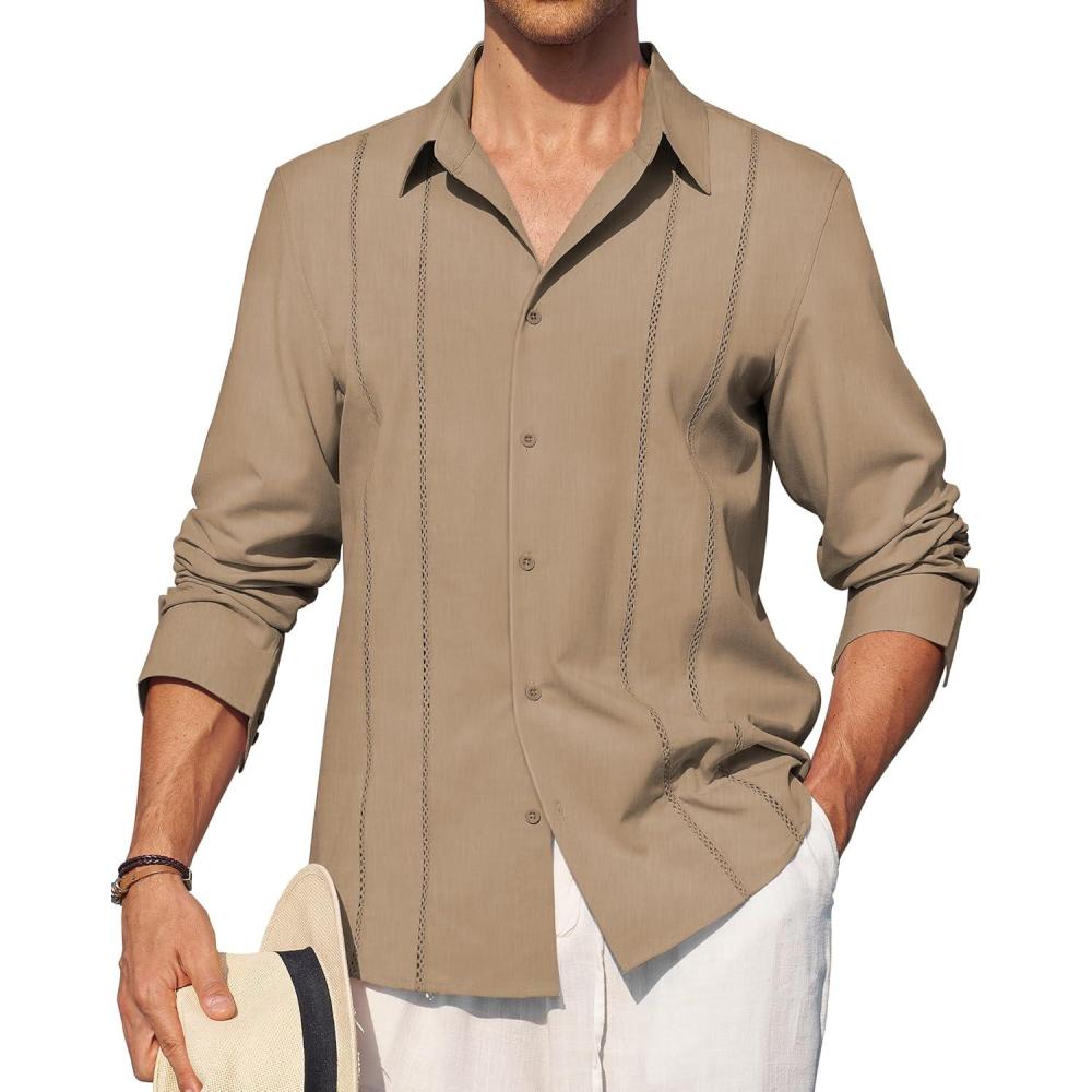 imageAlimens amp Gentle Mens Cuban Guayabera Shirt Button Down Long Sleeve Summer Beach10dark Khaki
