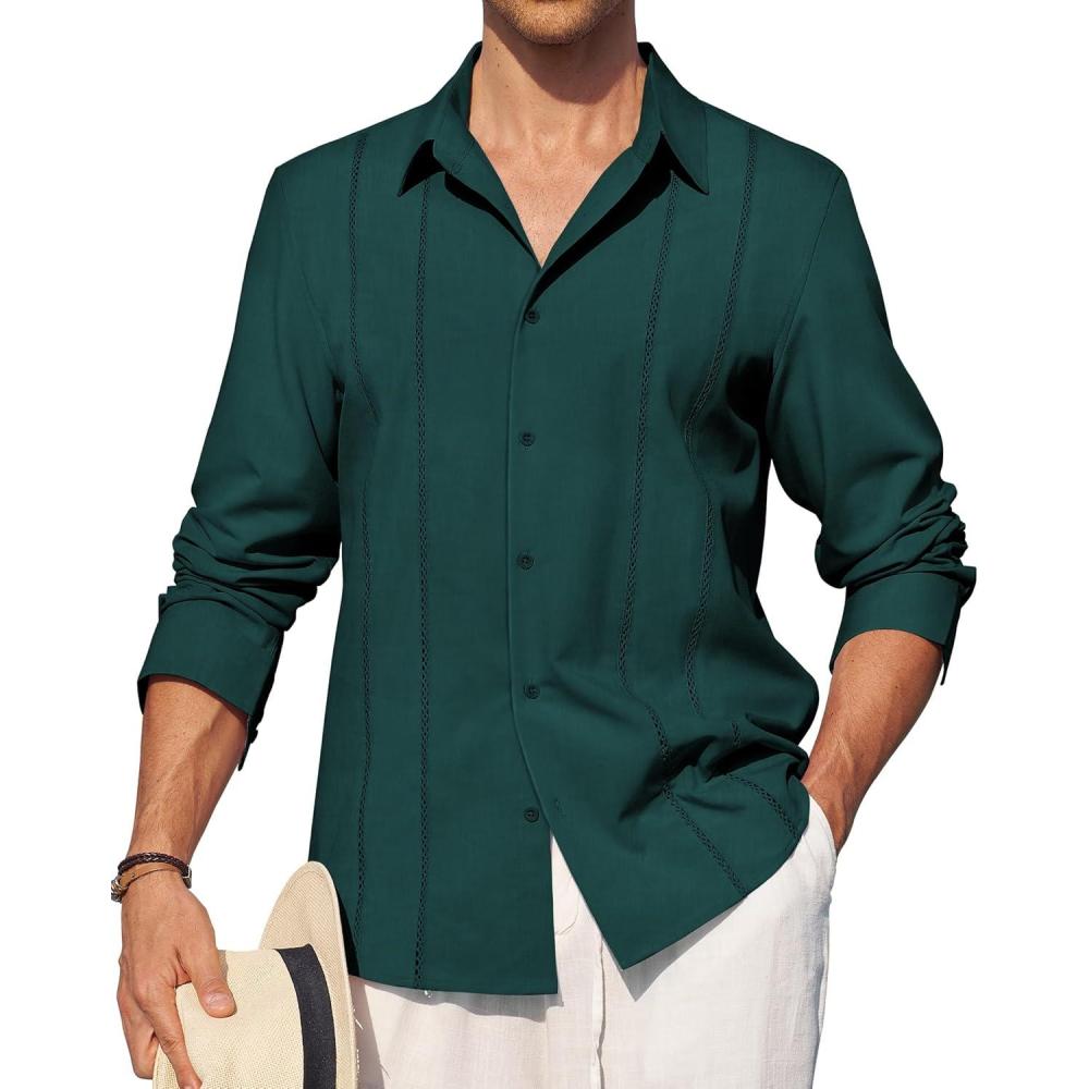 imageAlimens amp Gentle Mens Cuban Guayabera Shirt Button Down Long Sleeve Summer Beach12dark Green