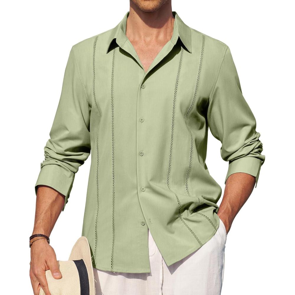 imageAlimens amp Gentle Mens Cuban Guayabera Shirt Button Down Long Sleeve Summer Beach13green