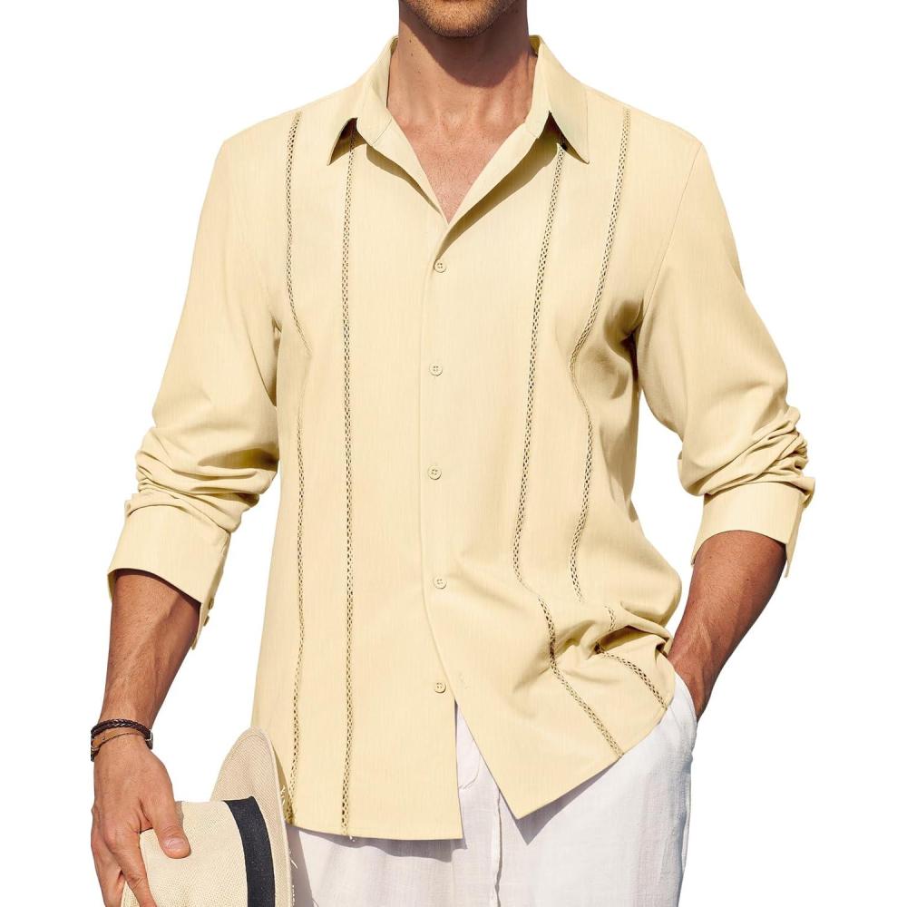 imageAlimens amp Gentle Mens Cuban Guayabera Shirt Button Down Long Sleeve Summer Beach14cream