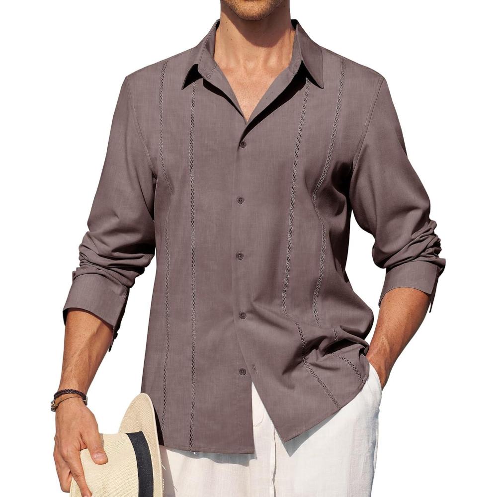 imageAlimens amp Gentle Mens Cuban Guayabera Shirt Button Down Long Sleeve Summer Beach17brown