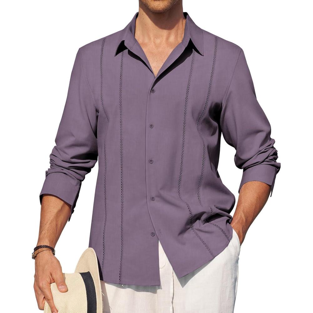 imageAlimens amp Gentle Mens Cuban Guayabera Shirt Button Down Long Sleeve Summer Beach19dark Purple