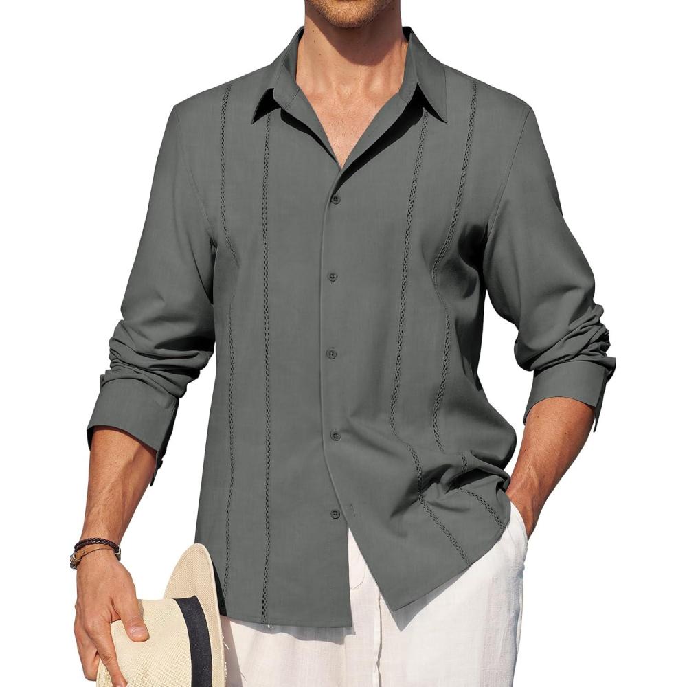 imageAlimens amp Gentle Mens Cuban Guayabera Shirt Button Down Long Sleeve Summer Beach20grey