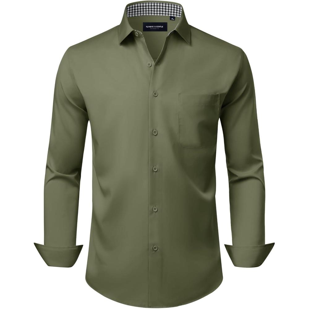 imageAlimens amp Gentle Mens Dress Shirts Casual Long Sleeve Wrinkle Free Stretch Club Prom Party Button Down Shirt with PocketArmy Green