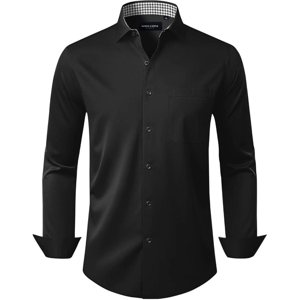 imageAlimens amp Gentle Mens Dress Shirts Casual Long Sleeve Wrinkle Free Stretch Club Prom Party Button Down Shirt with PocketBlack
