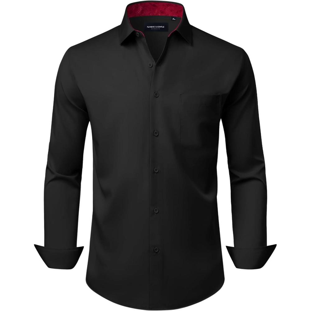 imageAlimens amp Gentle Mens Dress Shirts Casual Long Sleeve Wrinkle Free Stretch Club Prom Party Button Down Shirt with PocketBlackred