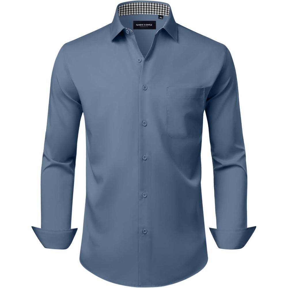 imageAlimens amp Gentle Mens Dress Shirts Casual Long Sleeve Wrinkle Free Stretch Club Prom Party Button Down Shirt with PocketDenim Blue