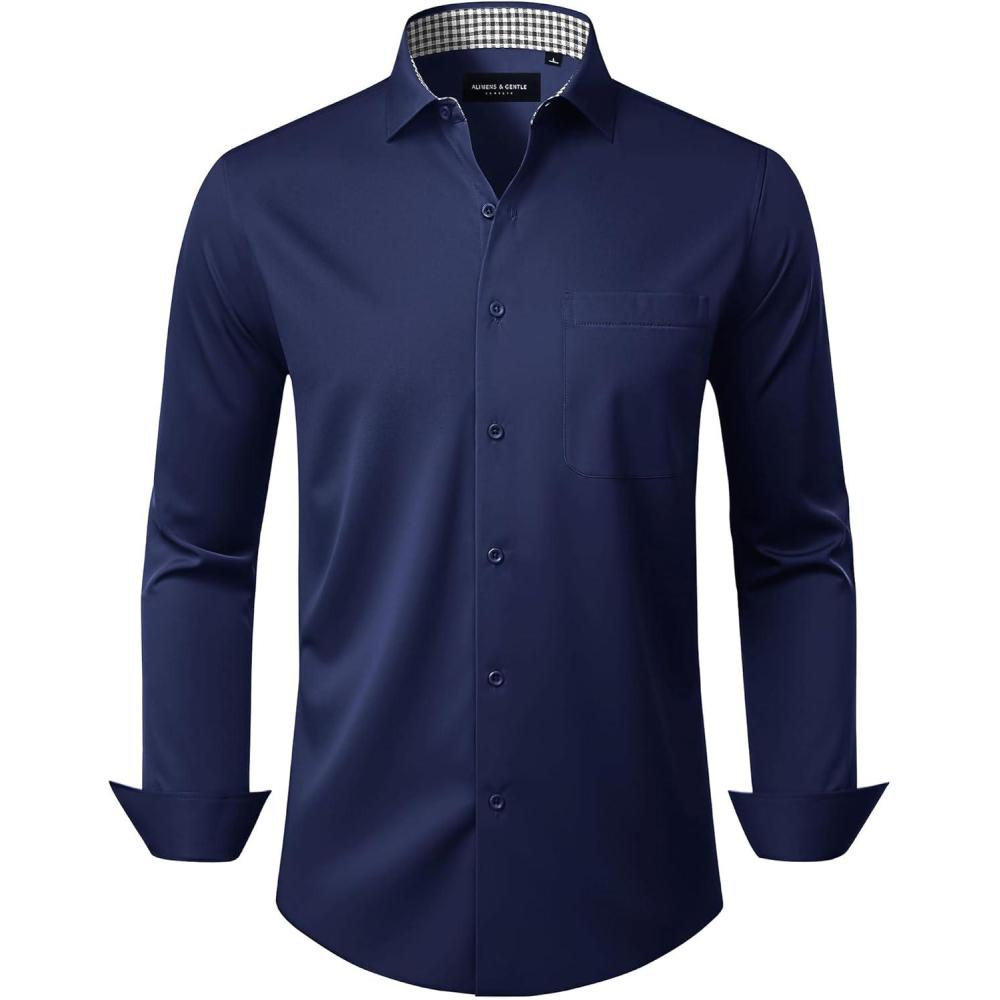 imageAlimens amp Gentle Mens Dress Shirts Casual Long Sleeve Wrinkle Free Stretch Club Prom Party Button Down Shirt with PocketNavy Blue