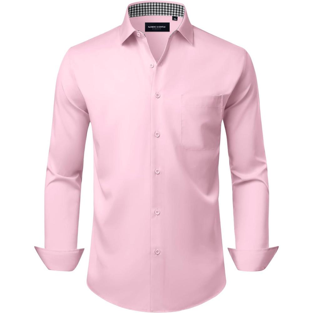 imageAlimens amp Gentle Mens Dress Shirts Casual Long Sleeve Wrinkle Free Stretch Club Prom Party Button Down Shirt with PocketPink