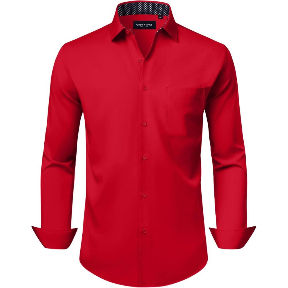 imageAlimens amp Gentle Mens Dress Shirts Casual Long Sleeve Wrinkle Free Stretch Club Prom Party Button Down Shirt with PocketRed