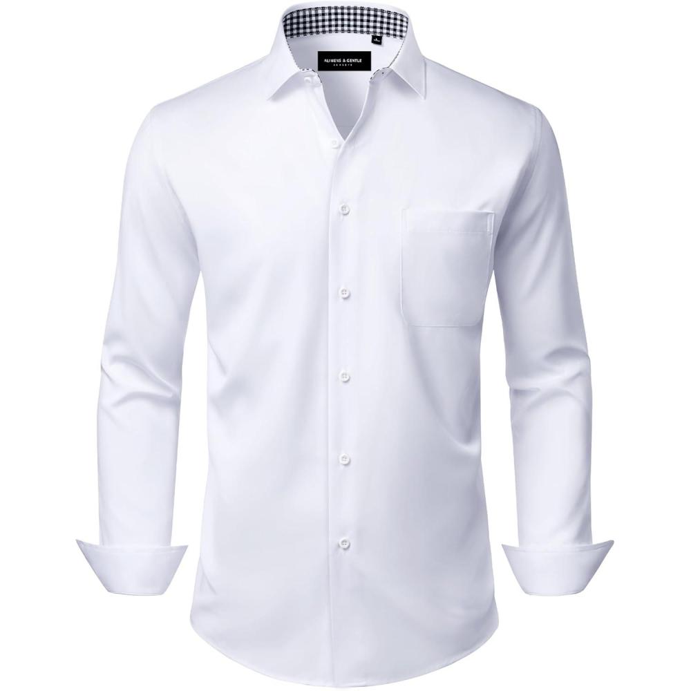 imageAlimens amp Gentle Mens Dress Shirts Casual Long Sleeve Wrinkle Free Stretch Club Prom Party Button Down Shirt with PocketWhite