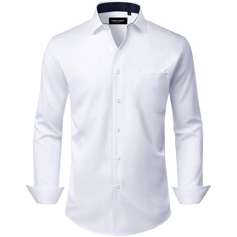 imageAlimens amp Gentle Mens Dress Shirts Casual Long Sleeve Wrinkle Free Stretch Club Prom Party Button Down Shirt with PocketWhitepolka Dots