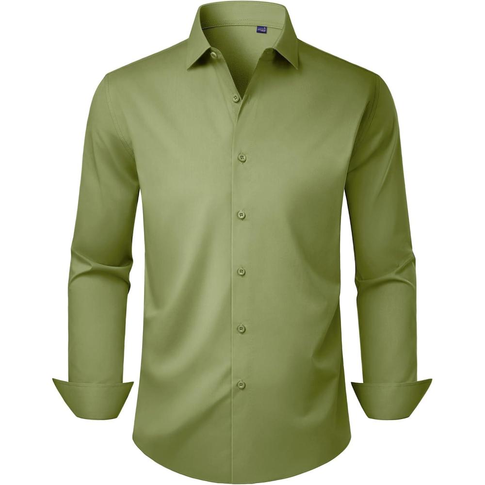 imageAlimens amp Gentle Mens Dress Shirts Long Sleeve Stretch Wrinkle Free Business Casual Button Down ShirtOlive Green