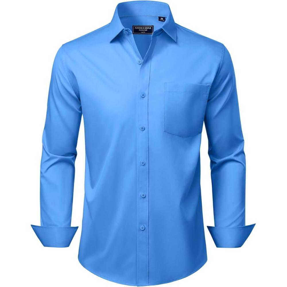 imageAlimens amp Gentle Mens Dress Shirts Long Sleeve Wrinkle Free Stretch Business Casual Button Down ShirtsClassic Blue