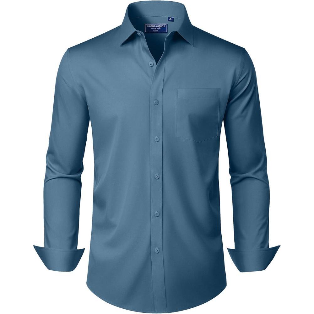imageAlimens amp Gentle Mens Dress Shirts Long Sleeve Wrinkle Free Stretch Business Casual Button Down ShirtsDenim Blue