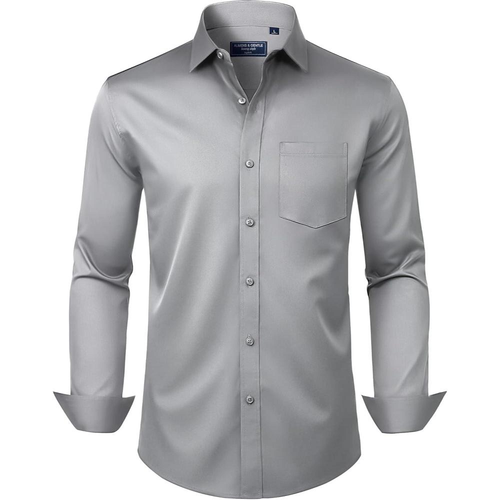 imageAlimens amp Gentle Mens Dress Shirts Long Sleeve Wrinkle Free Stretch Business Casual Button Down ShirtsGrey