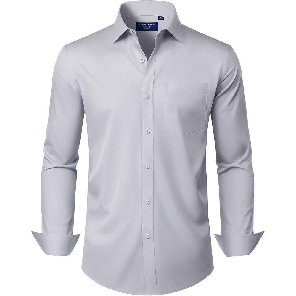 imageAlimens amp Gentle Mens Dress Shirts Long Sleeve Wrinkle Free Stretch Business Casual Button Down ShirtsLight Grey