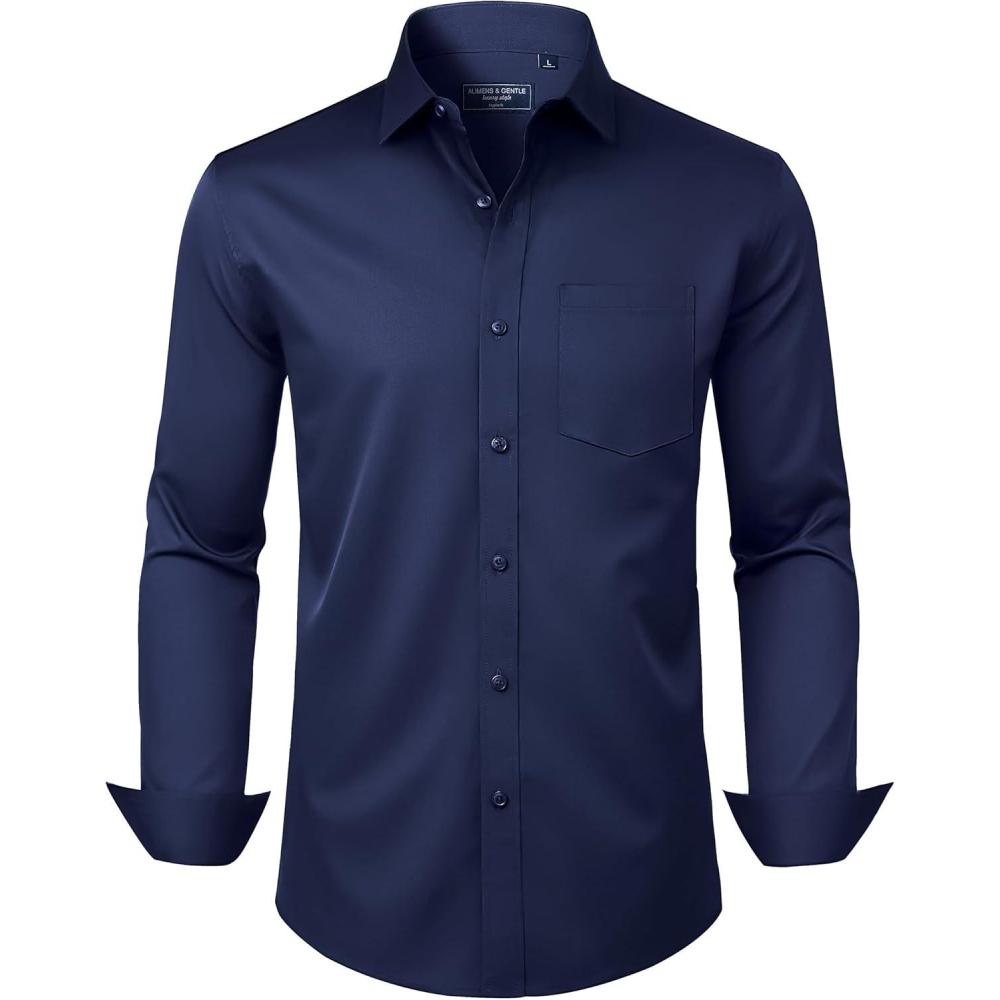 imageAlimens amp Gentle Mens Dress Shirts Long Sleeve Wrinkle Free Stretch Business Casual Button Down ShirtsNavy Blue