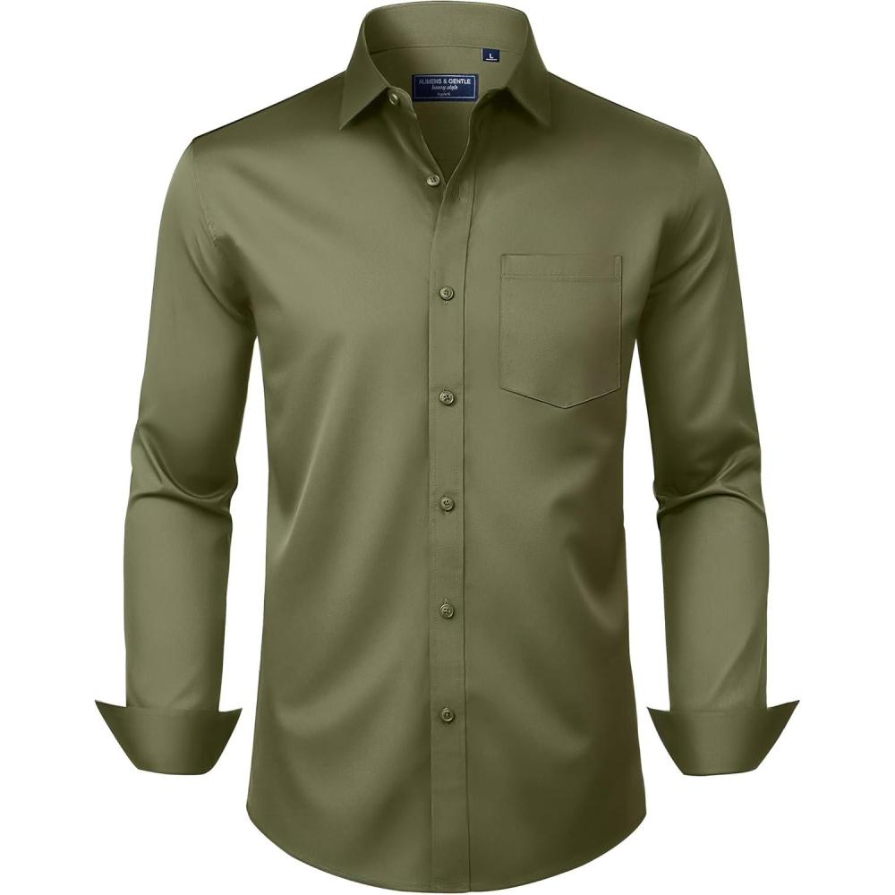 imageAlimens amp Gentle Mens Dress Shirts Long Sleeve Wrinkle Free Stretch Business Casual Button Down ShirtsOlive Green