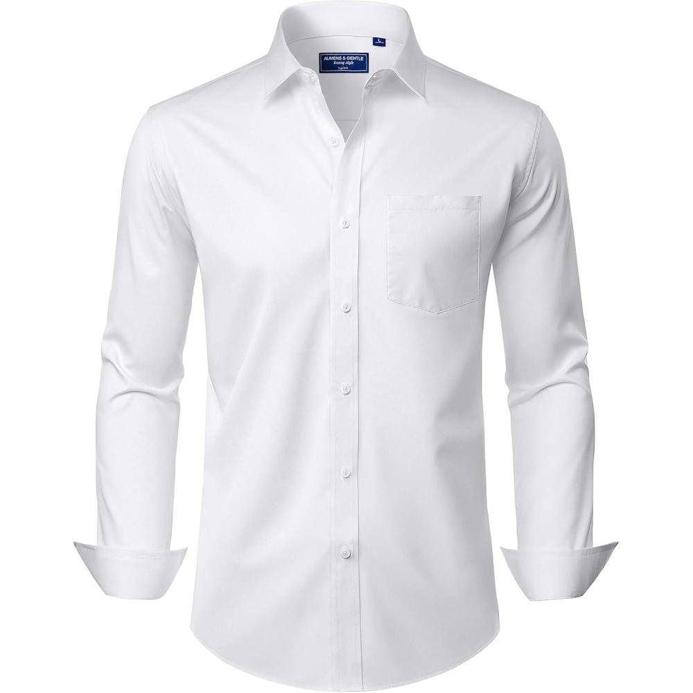 imageAlimens amp Gentle Mens Dress Shirts Long Sleeve Wrinkle Free Stretch Business Casual Button Down ShirtsWhite