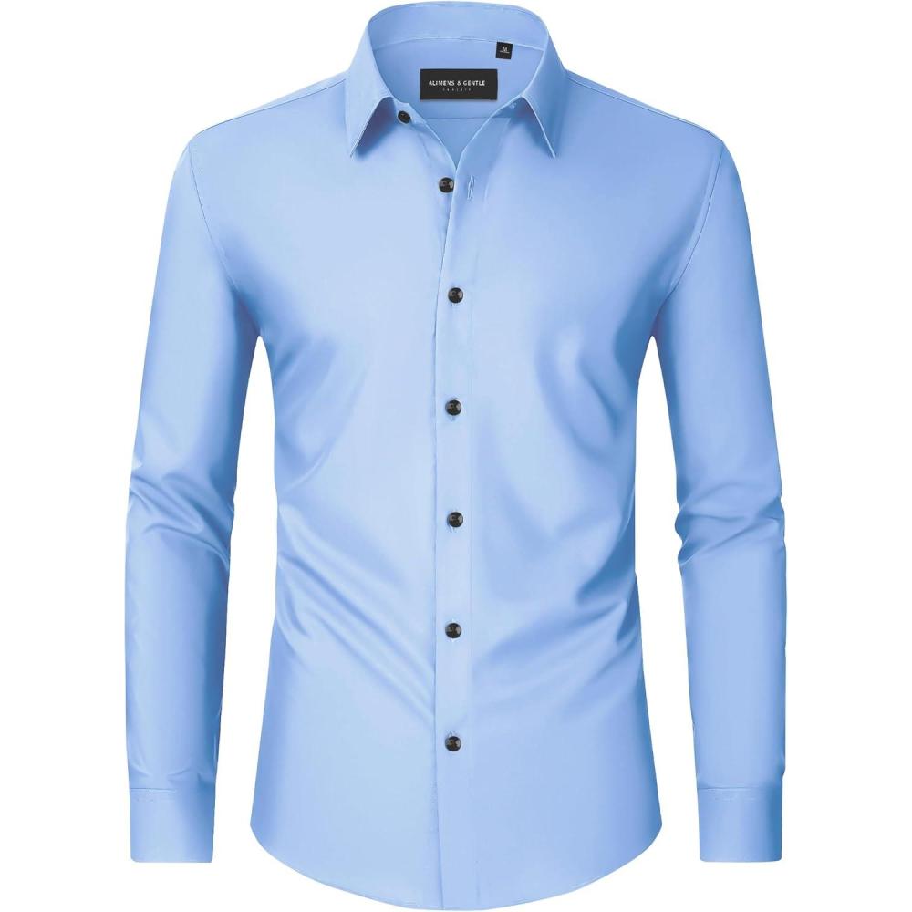 imageAlimens amp Gentle Mens Dress Shirts Long Sleeve Wrinkle Free Stretch Business Casual Wedding Button Down ShirtBlue