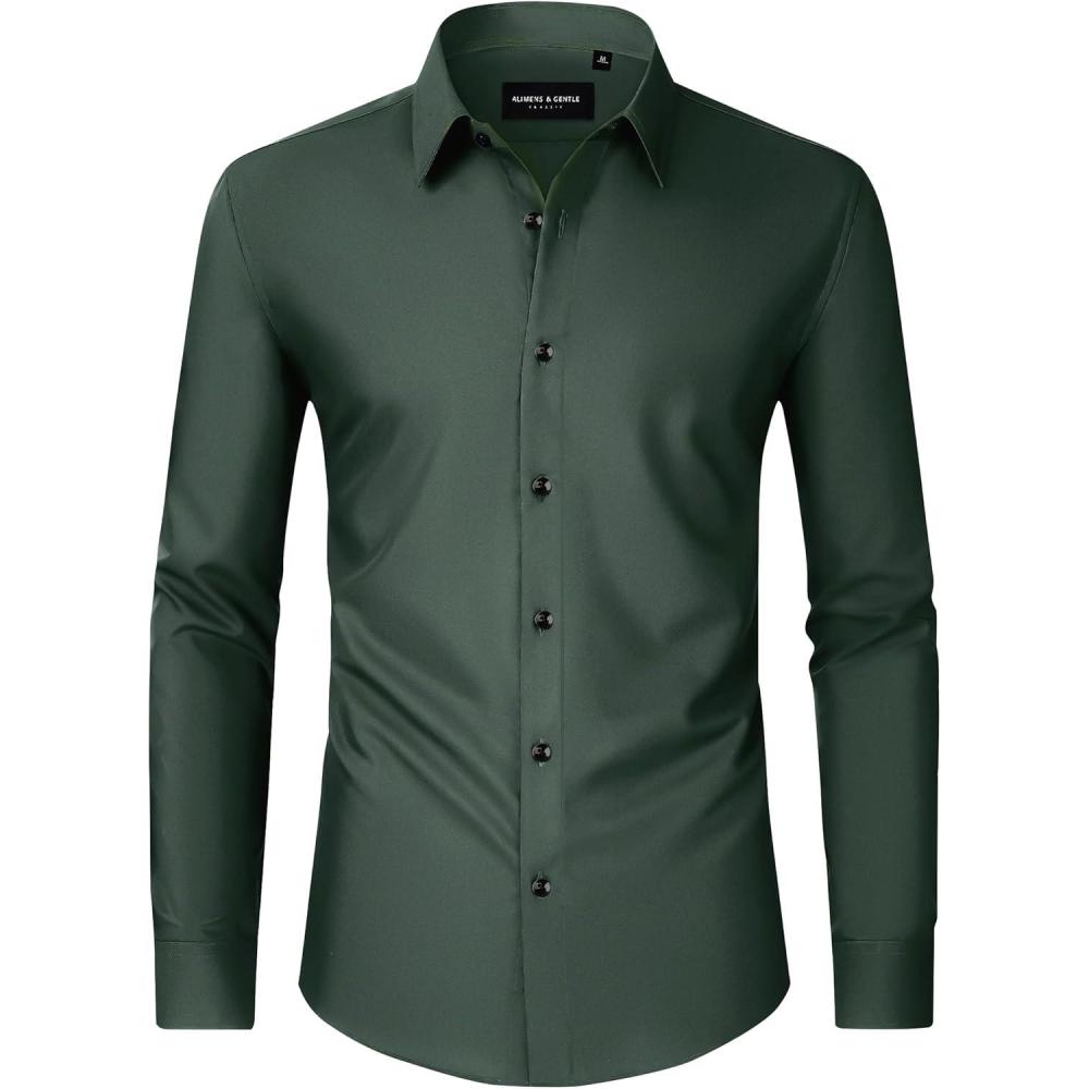 imageAlimens amp Gentle Mens Dress Shirts Long Sleeve Wrinkle Free Stretch Business Casual Wedding Button Down ShirtDark Green
