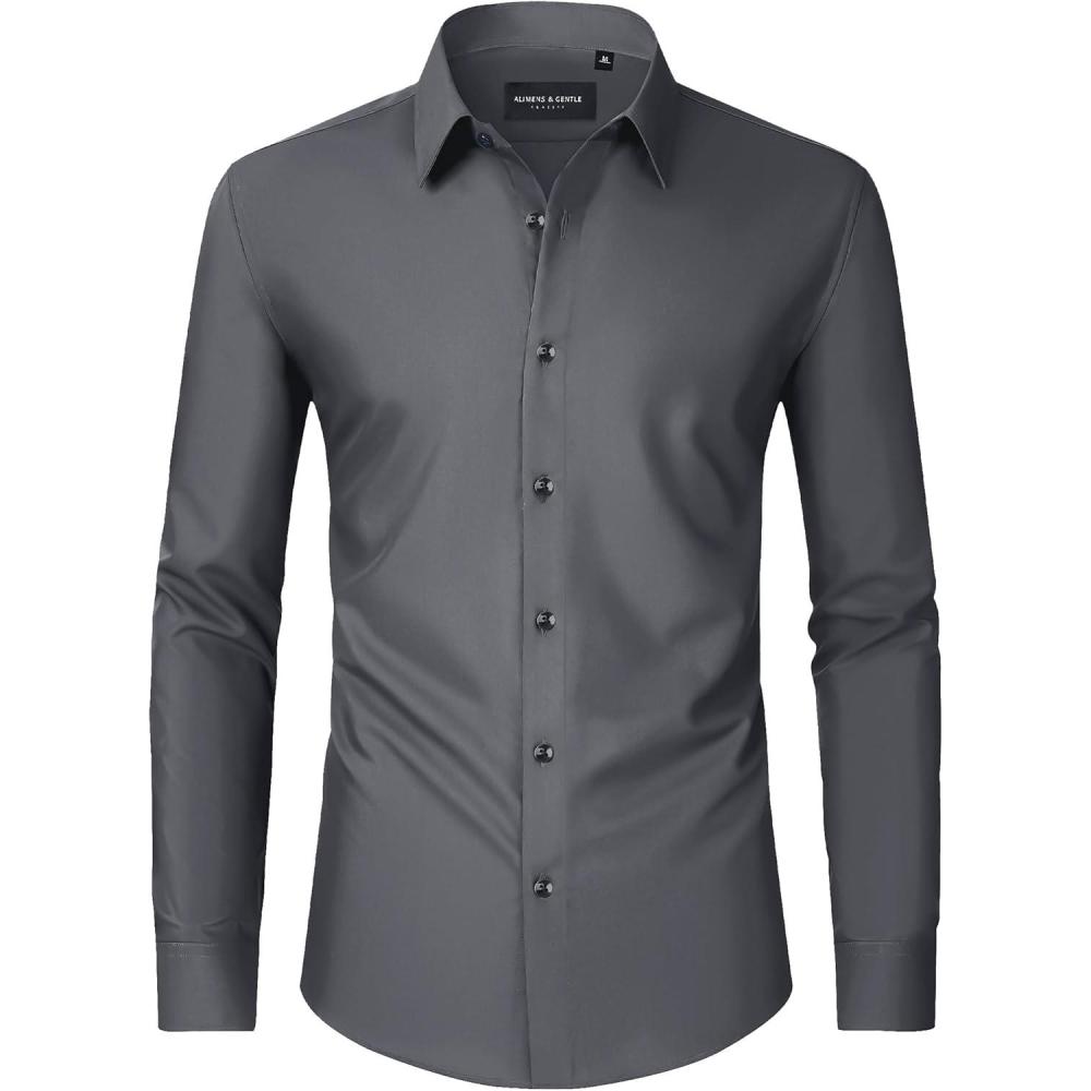 imageAlimens amp Gentle Mens Dress Shirts Long Sleeve Wrinkle Free Stretch Business Casual Wedding Button Down ShirtDark Grey