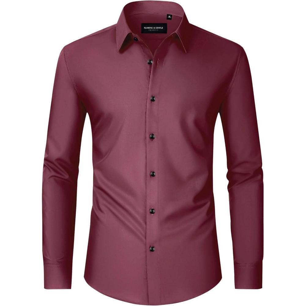 imageAlimens amp Gentle Mens Dress Shirts Long Sleeve Wrinkle Free Stretch Business Casual Wedding Button Down ShirtDark Red