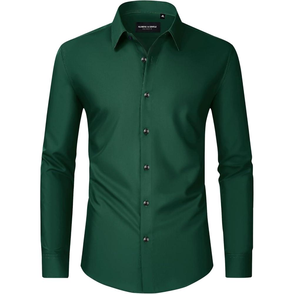 imageAlimens amp Gentle Mens Dress Shirts Long Sleeve Wrinkle Free Stretch Business Casual Wedding Button Down ShirtGreen