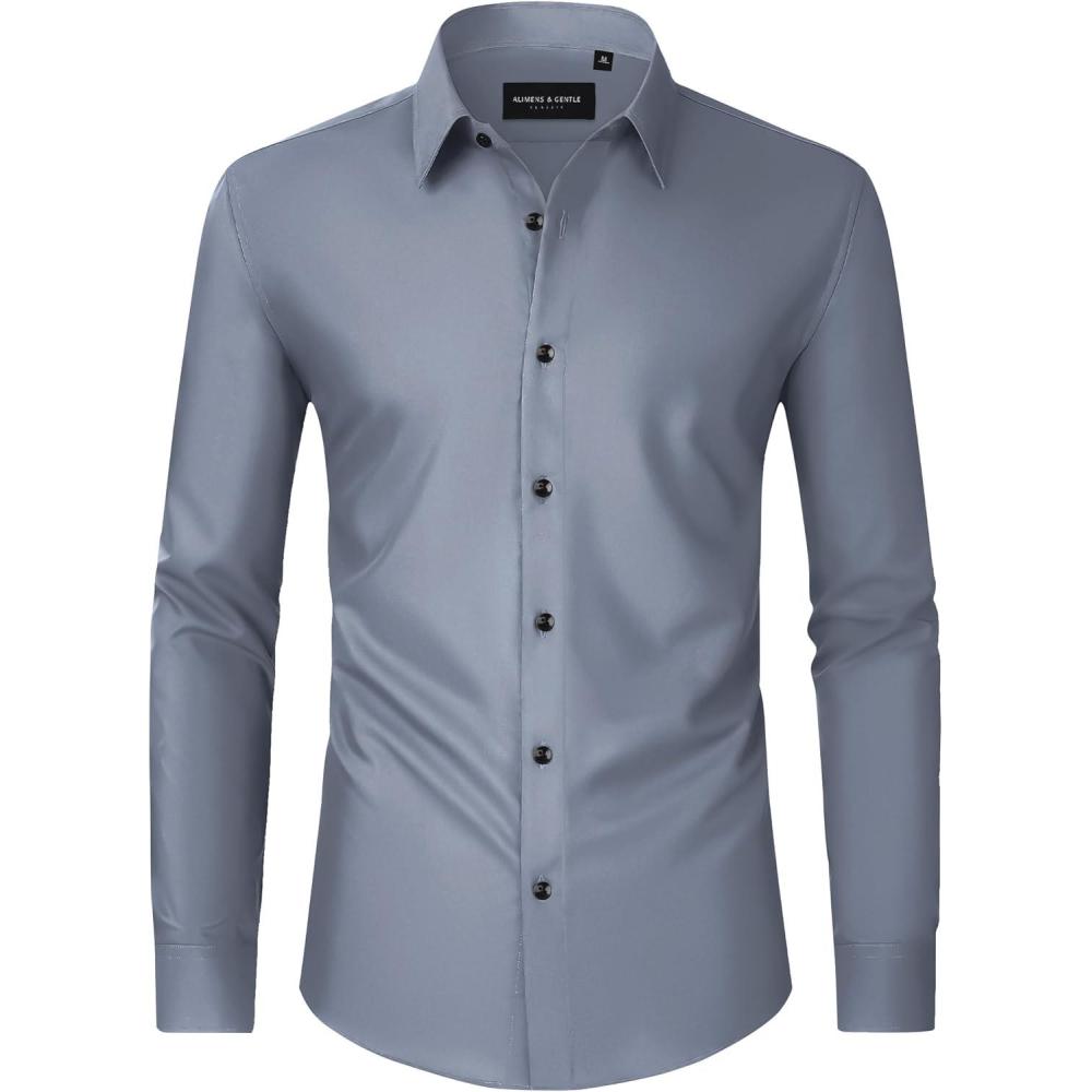 imageAlimens amp Gentle Mens Dress Shirts Long Sleeve Wrinkle Free Stretch Business Casual Wedding Button Down ShirtGrey