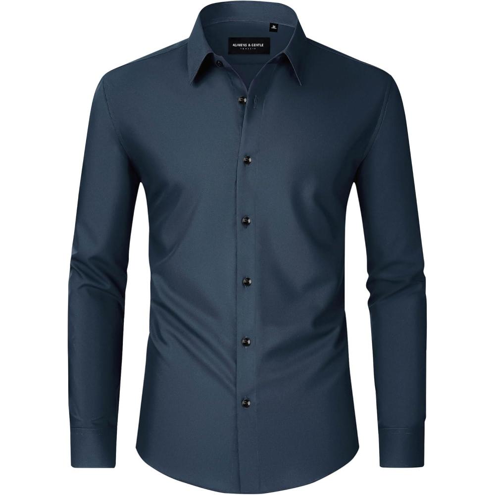 imageAlimens amp Gentle Mens Dress Shirts Long Sleeve Wrinkle Free Stretch Business Casual Wedding Button Down ShirtNavy Blue
