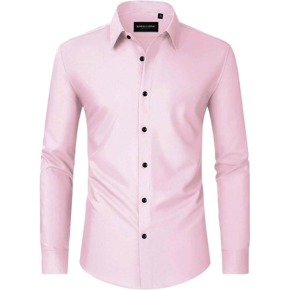 imageAlimens amp Gentle Mens Dress Shirts Long Sleeve Wrinkle Free Stretch Business Casual Wedding Button Down ShirtPink