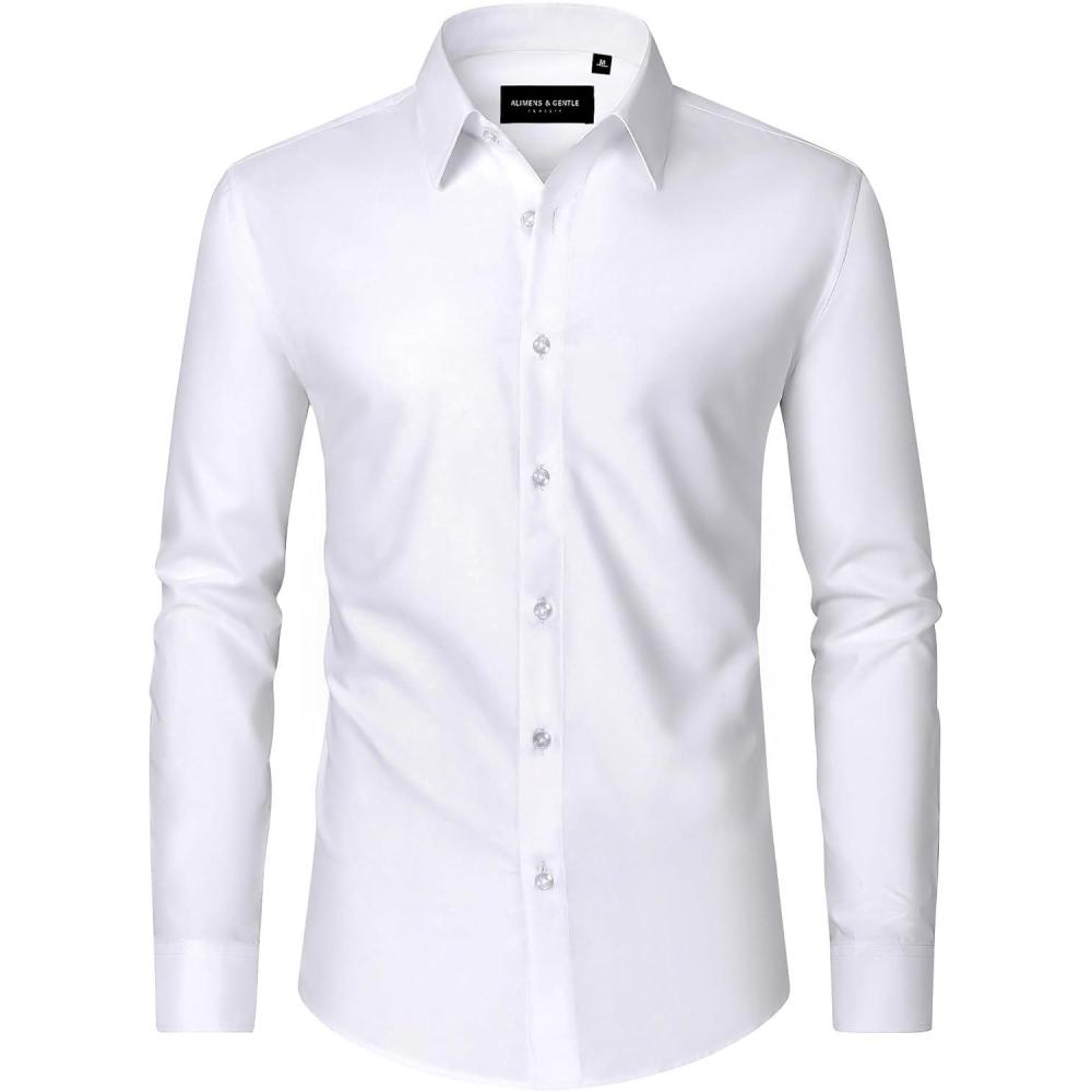 imageAlimens amp Gentle Mens Dress Shirts Long Sleeve Wrinkle Free Stretch Business Casual Wedding Button Down ShirtSolid White