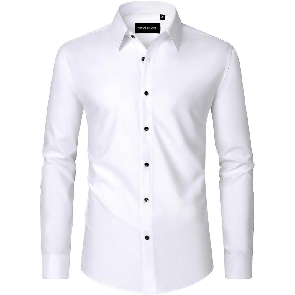 imageAlimens amp Gentle Mens Dress Shirts Long Sleeve Wrinkle Free Stretch Business Casual Wedding Button Down ShirtWhite