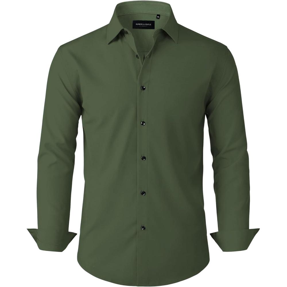 imageAlimens amp Gentle Mens Dress Shirts Stretch Long Sleeve Formal Business Wedding Button Down Shirt Wrinkle FreeArmy Green