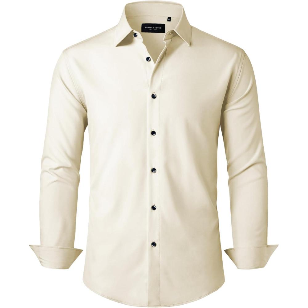 imageAlimens amp Gentle Mens Dress Shirts Stretch Long Sleeve Formal Business Wedding Button Down Shirt Wrinkle FreeBeige