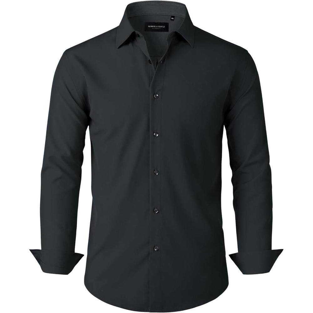 imageAlimens amp Gentle Mens Dress Shirts Stretch Long Sleeve Formal Business Wedding Button Down Shirt Wrinkle FreeBlack