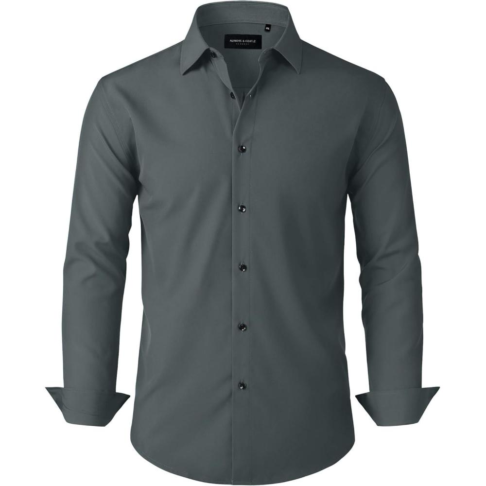imageAlimens amp Gentle Mens Dress Shirts Stretch Long Sleeve Formal Business Wedding Button Down Shirt Wrinkle FreeDark Grey