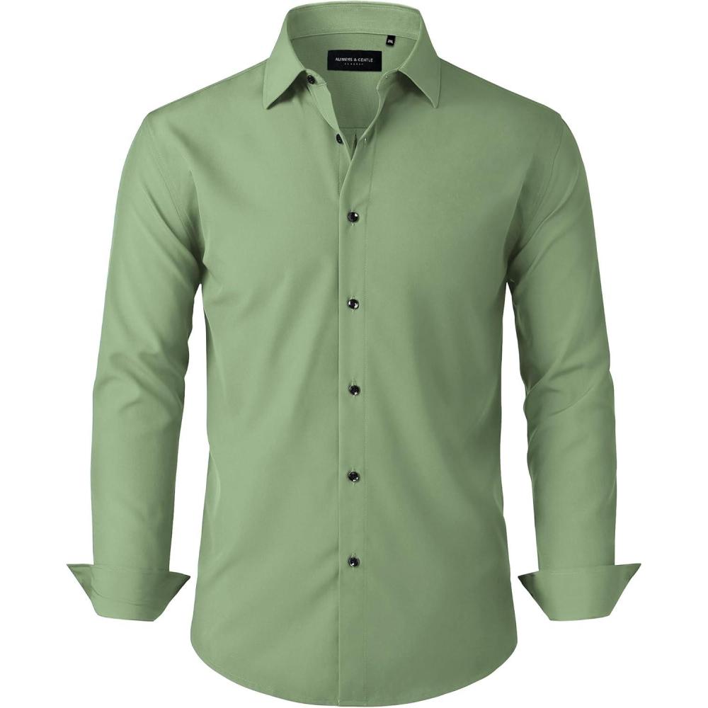 imageAlimens amp Gentle Mens Dress Shirts Stretch Long Sleeve Formal Business Wedding Button Down Shirt Wrinkle FreeGreen