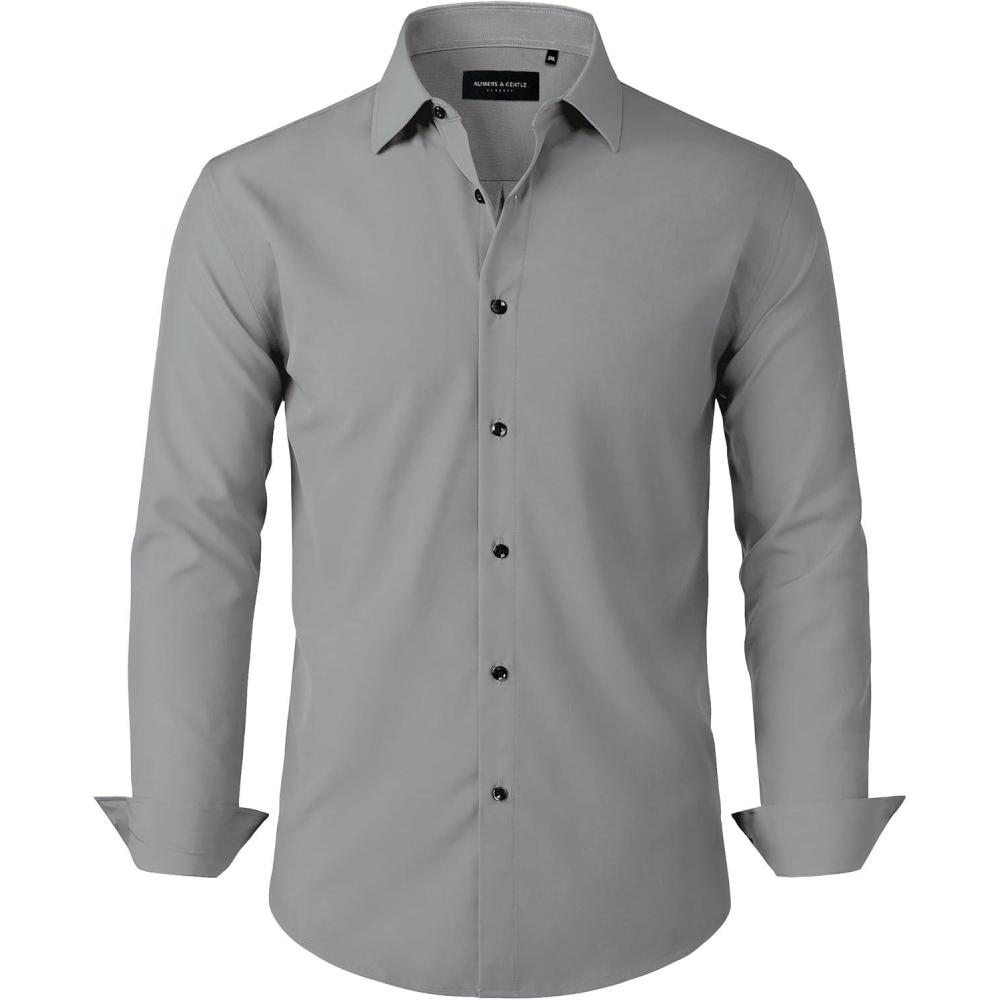 imageAlimens amp Gentle Mens Dress Shirts Stretch Long Sleeve Formal Business Wedding Button Down Shirt Wrinkle FreeGrey