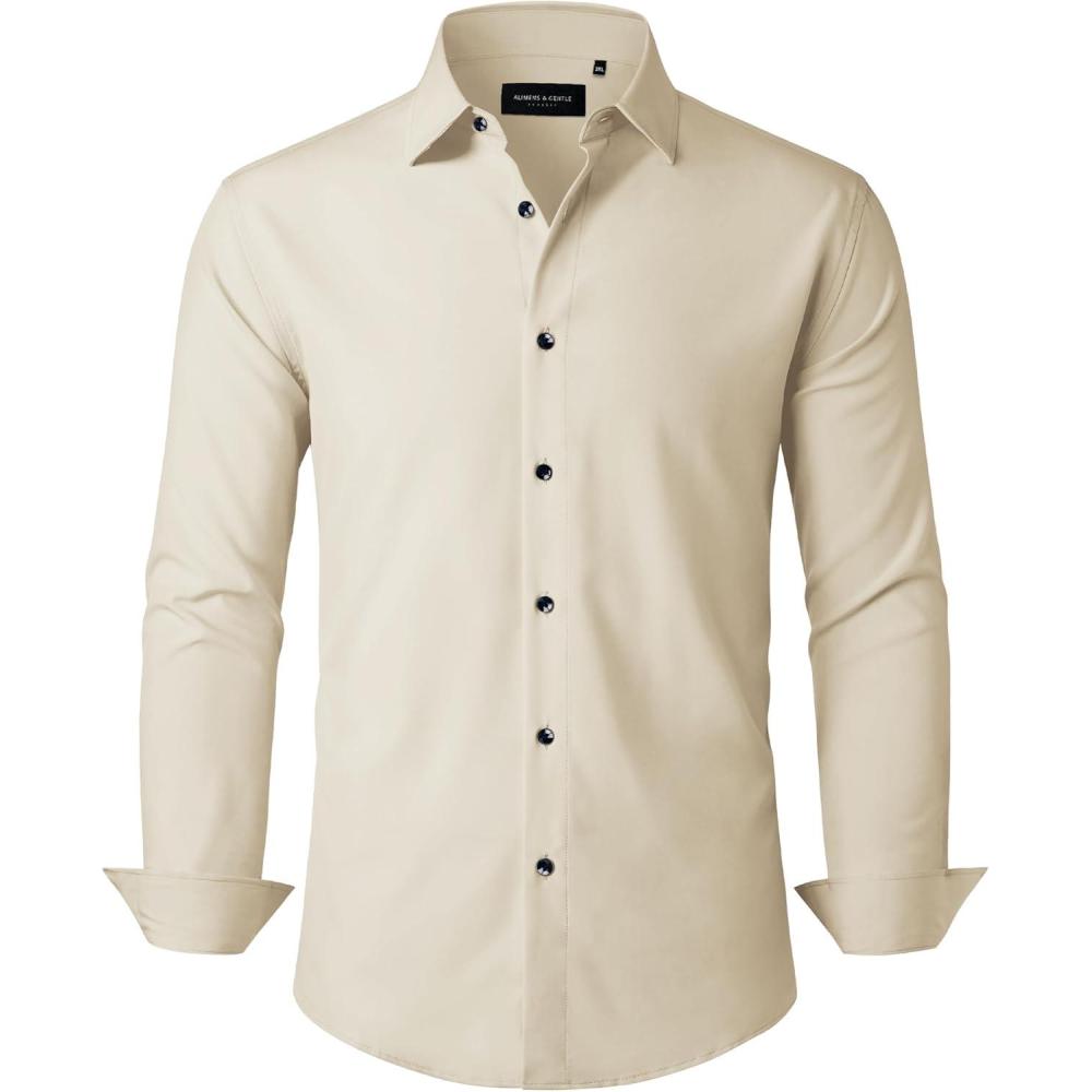 imageAlimens amp Gentle Mens Dress Shirts Stretch Long Sleeve Formal Business Wedding Button Down Shirt Wrinkle FreeKhaki