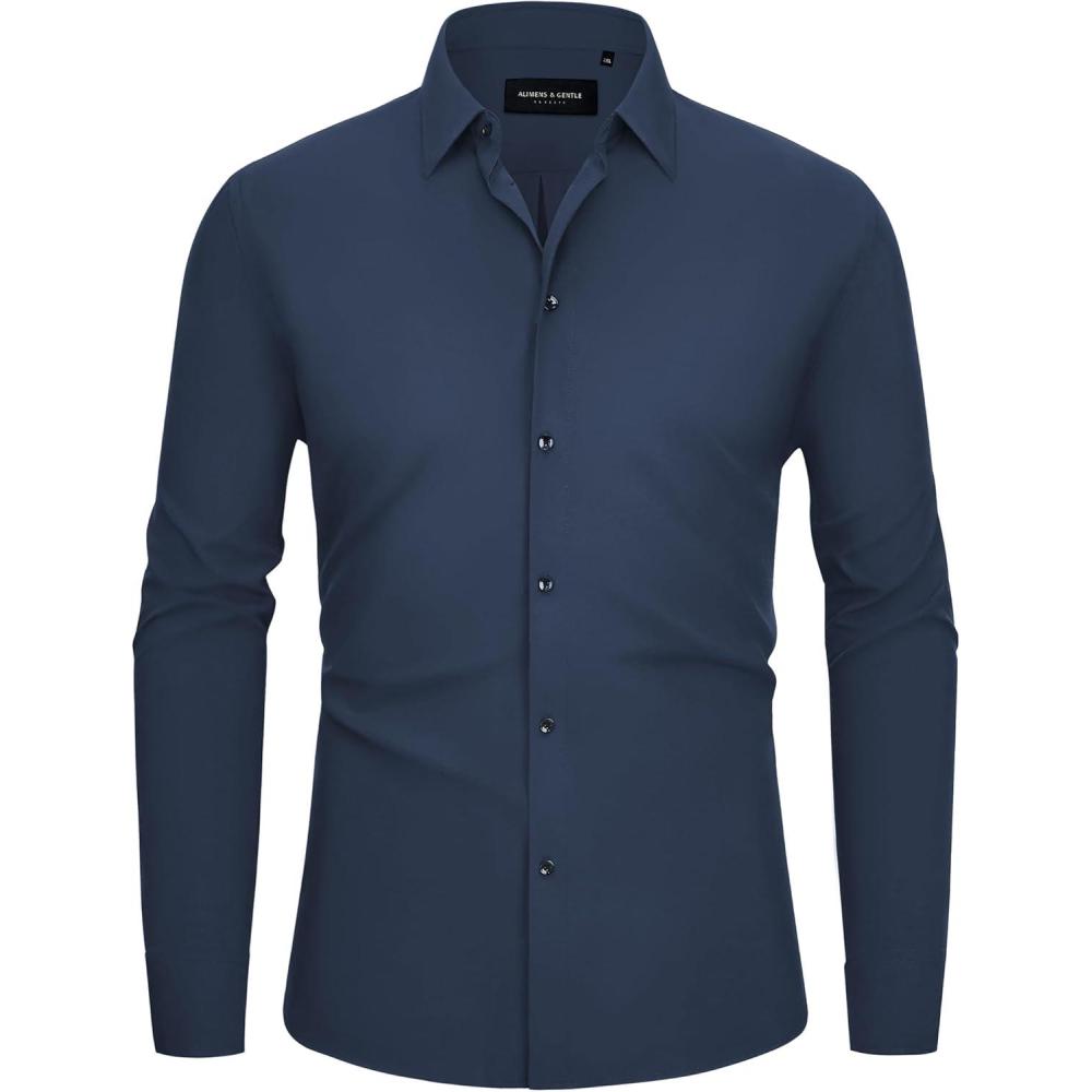imageAlimens amp Gentle Mens Dress Shirts Stretch Long Sleeve Formal Business Wedding Button Down Shirt Wrinkle FreeNavy Blue