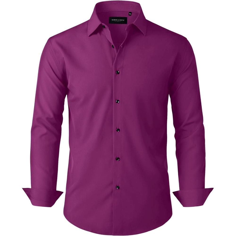 imageAlimens amp Gentle Mens Dress Shirts Stretch Long Sleeve Formal Business Wedding Button Down Shirt Wrinkle FreePurple Red
