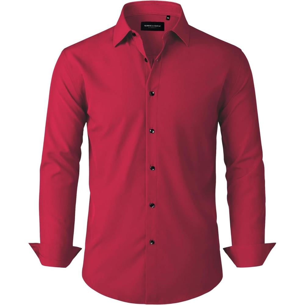 imageAlimens amp Gentle Mens Dress Shirts Stretch Long Sleeve Formal Business Wedding Button Down Shirt Wrinkle FreeRed